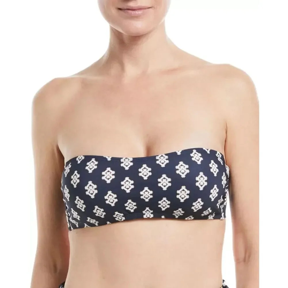 TORY BURCH Womens Swimwear Small Navy Bandeau Halter Bikini Top Logo Monogram